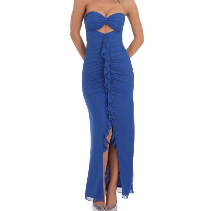 Dame maxikjole i raffineret drapering-stil med cut-out og flæser Stilla
