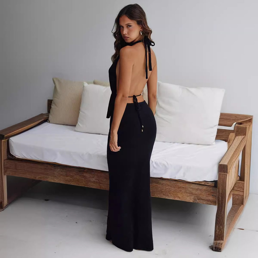 Dame elegant indpaknings-top med asymmetrisk design og matchende maxiskørt Skovae