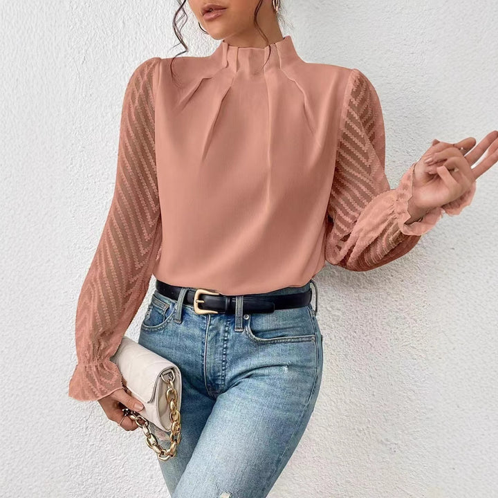 Dame Elegant bluse top med flæse detaljer og gennemsigtige ærmer Stilla