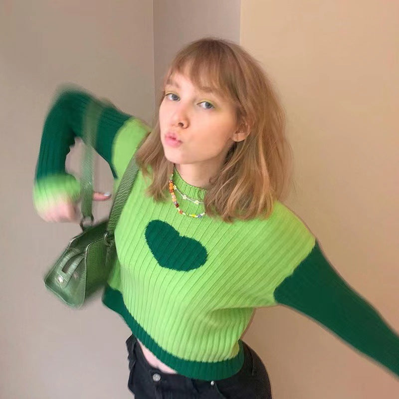Damer Crop-Cardigan med hjertemotiv og kontrasterende ærmer Stilla