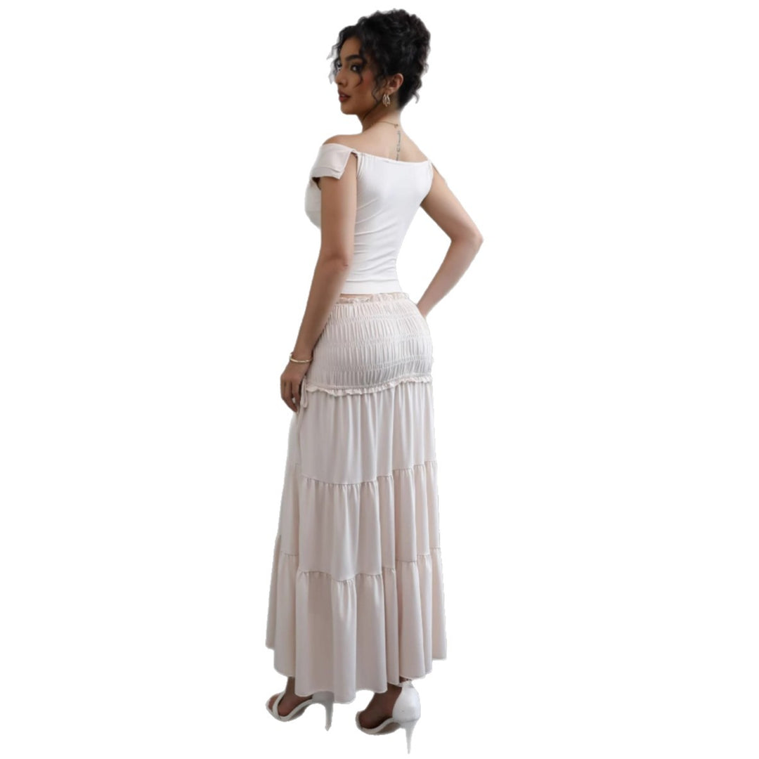 Damer Off-Shoulder Maxi Kjole med Rynket Nederdel og Romantisk Design