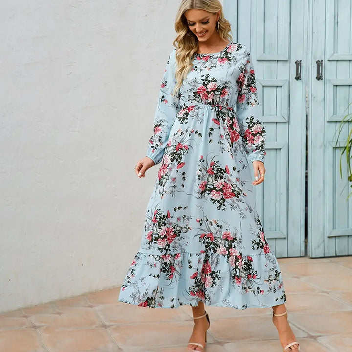 Dame Maxikjole med blomstermønster og elegante flæser Stilla