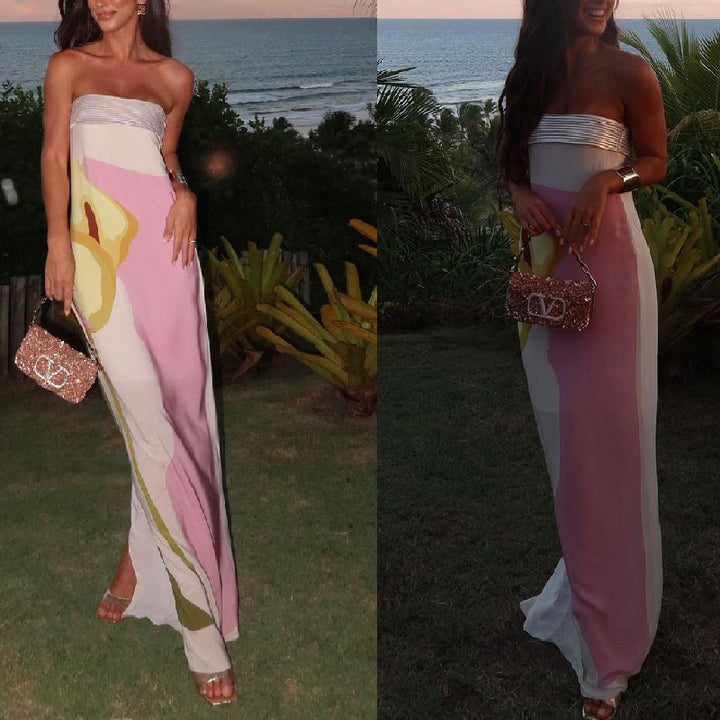 Dame maxikjole med trendy grafiske designs og off-the-shoulder snit Skovae