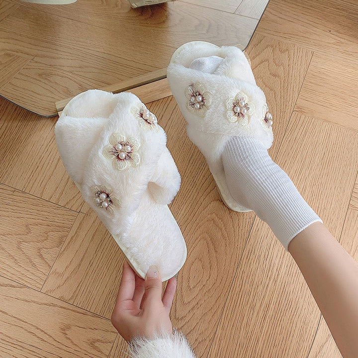 Dame Fluffy Pantoletten med sarte Blomsterapplikationer og behagelig Fodbed Stilla