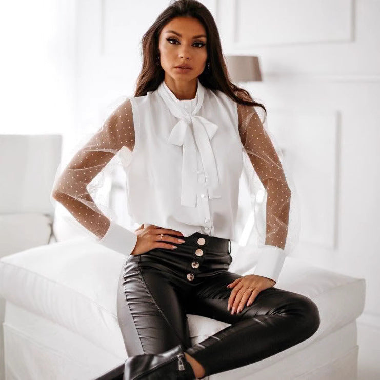Dame Elegant Bluse med transparente ærmer og bue-detalje Stilla