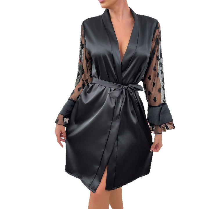 Dame Satin Kimono-robe med transparente hjerte detaljer og elegante flæsekant Stilla