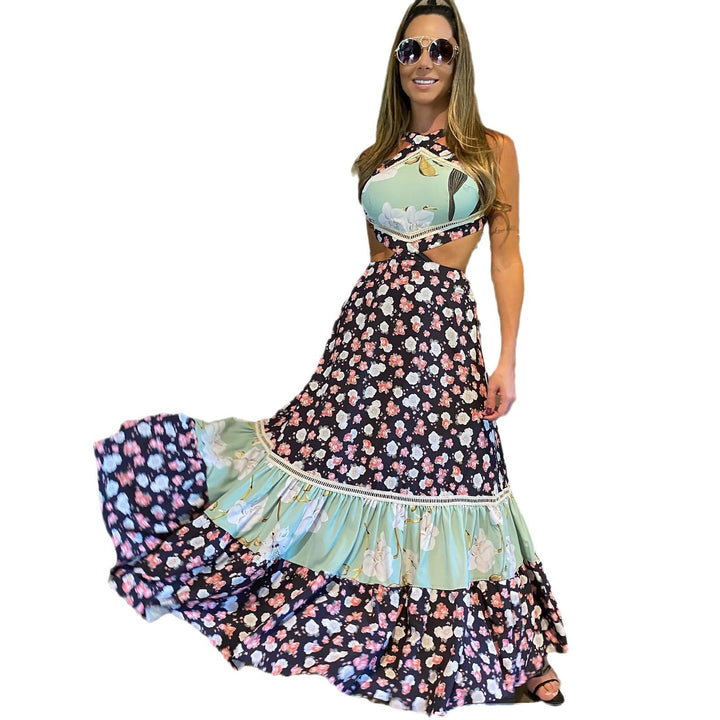 Dame to-delt outfit med blomstret top og bred maxi-nederdel Stilla