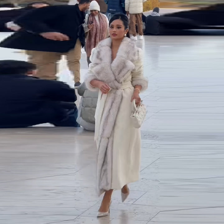 Damer Elegant Fleece Frakke med Bælte og Trendy Slå Stilla