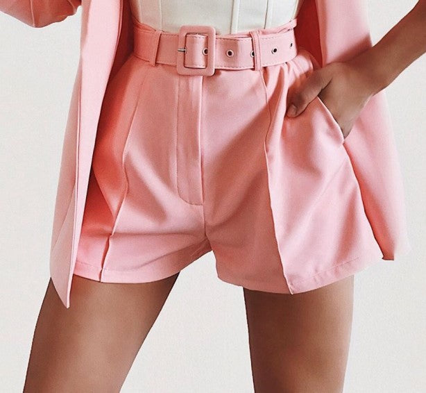 Dame afslappet blazer-shorts-sæt med taljebælte Stilla