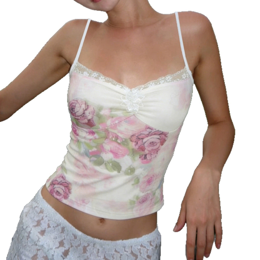 Dame Charmerende Spaghetti-strop top med blomstermotiv og lace accenter Skovae
