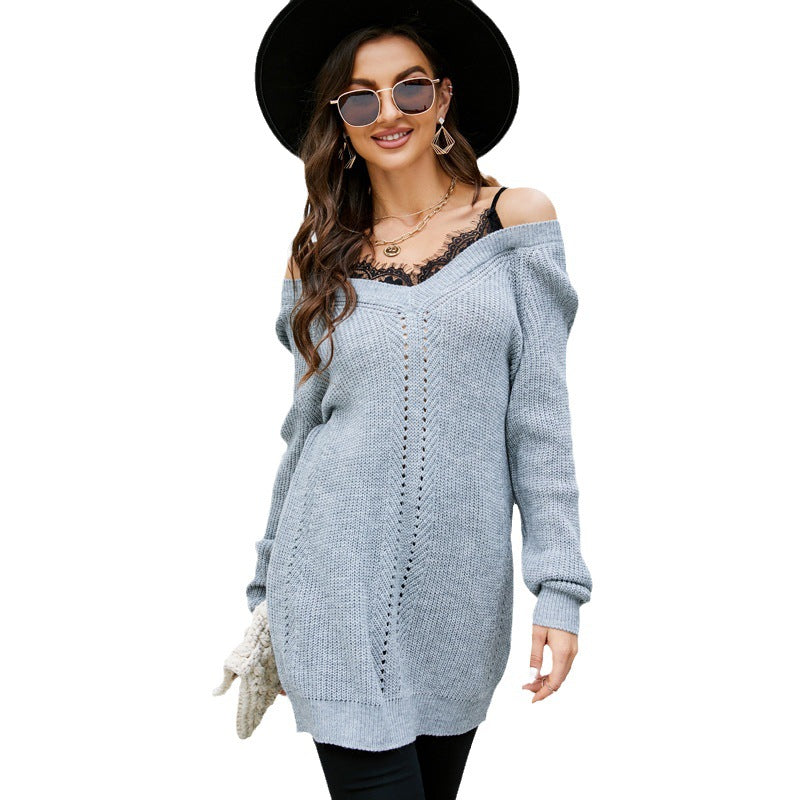 Dame Off-Shoulder Strikpullover med dekorativ hulmønstring Stilla