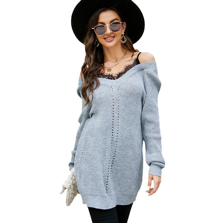Dame Off-Shoulder Strikpullover med dekorativ hulmønstring Stilla