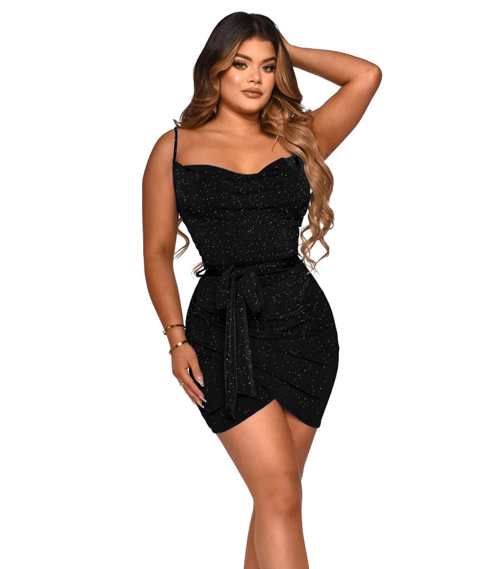 Damer Glitrende Cowl Neck Bodycon Mini Kjole med Bindebælte Stilla