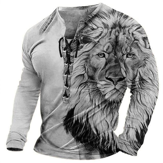 Herrer Langærmet Henley T-shirt med løvemotiv og moderne snit Stilla