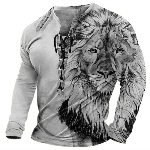Herrer Langærmet Henley T-shirt med løvemotiv og moderne snit Stilla