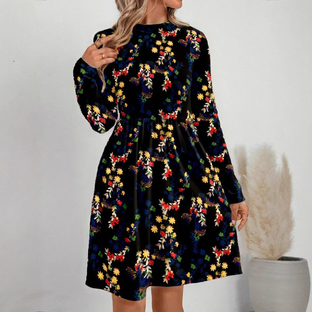 Stilla | Chic Floral Loose Rund Hals Langærmet Kjole