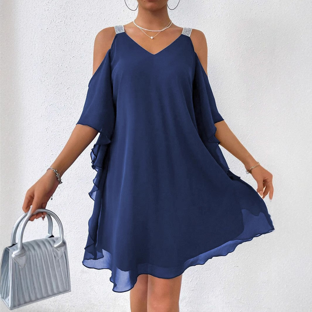 Kvinder Cold-Shoulder Chiffon Kjole med funklende Stropper Stilla