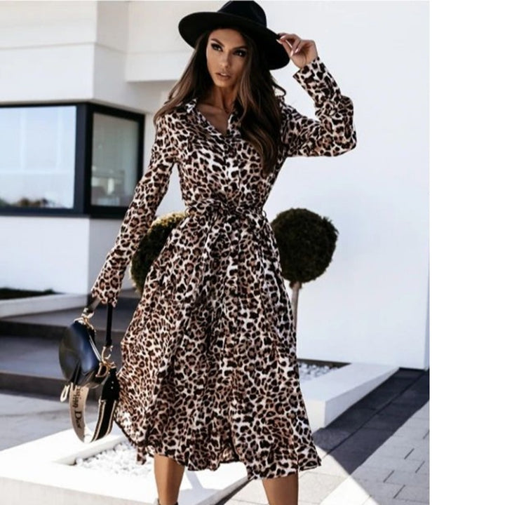 Dame Leopardprint Midi Skjortekjole Stilla