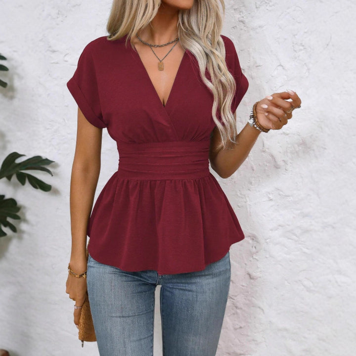 Dame Peplum-Blouse med V-Udskæring og Taljebælte Skovae