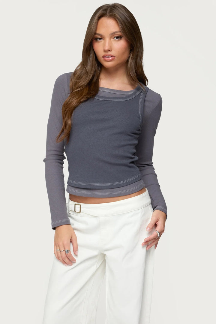 Dame Langærmet Crop Top med moderigtigt farvekontrast og sømløs udførelse Skovae