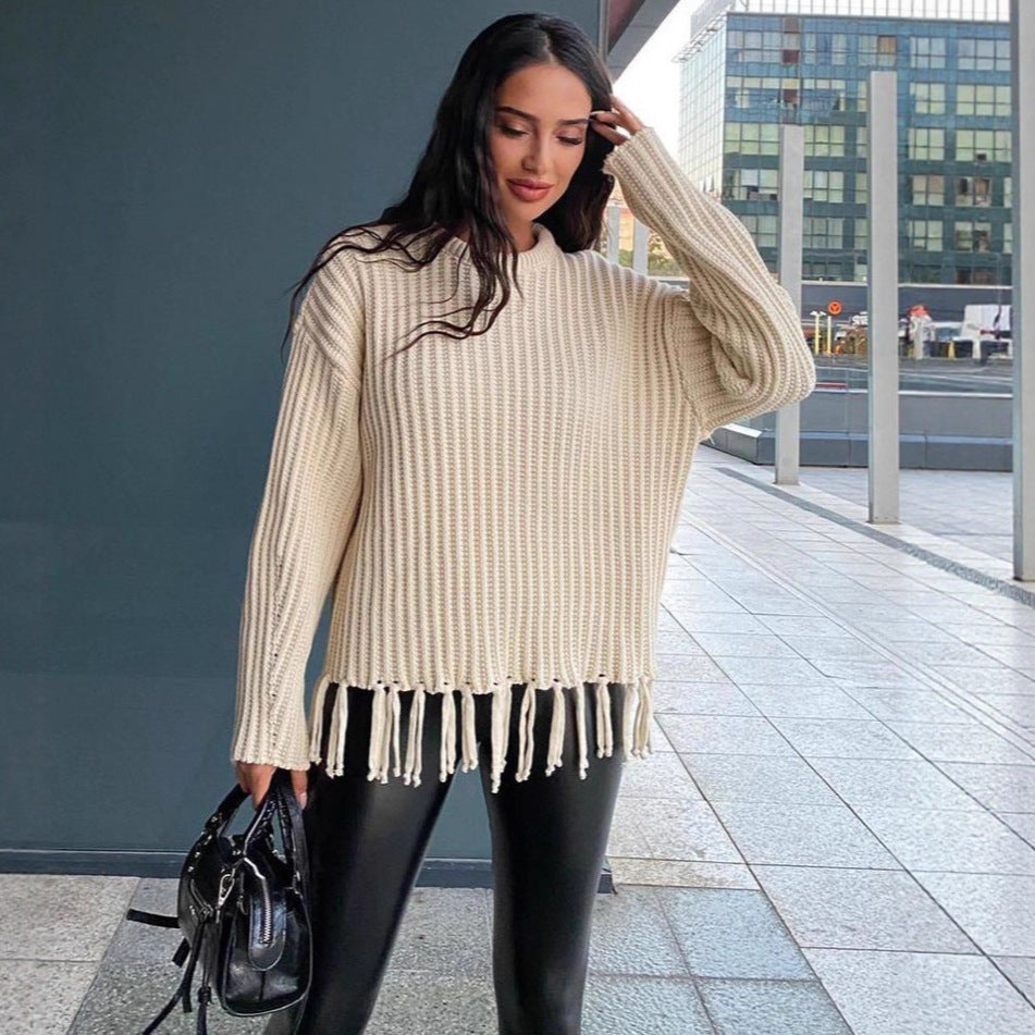 Dame Modische Strikpullover med frynser Stilla