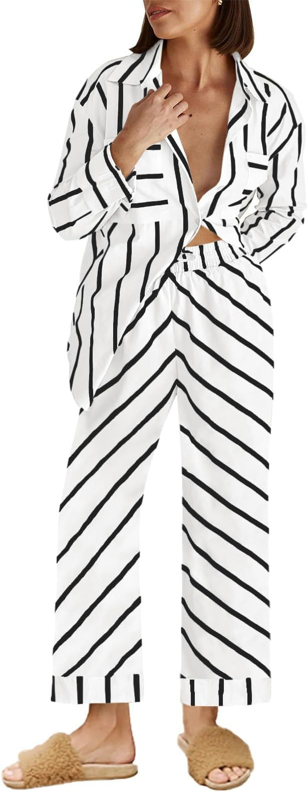 Dame stribet pyjamasæt med let løst fit og elastisk linning Stilla