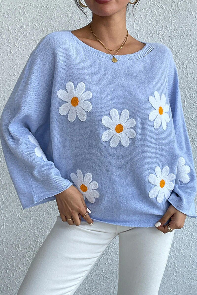 Kvindernes strikkede sweater med legende blomsterdesign og løs pasform Stilla