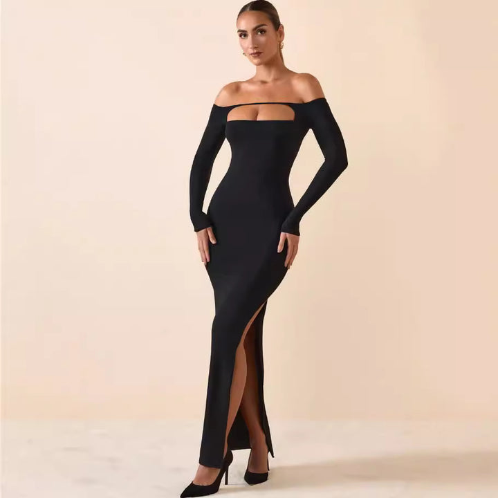 Kvinders figursyet langærmet kjole med udskæringsdesign og off-shoulder stil