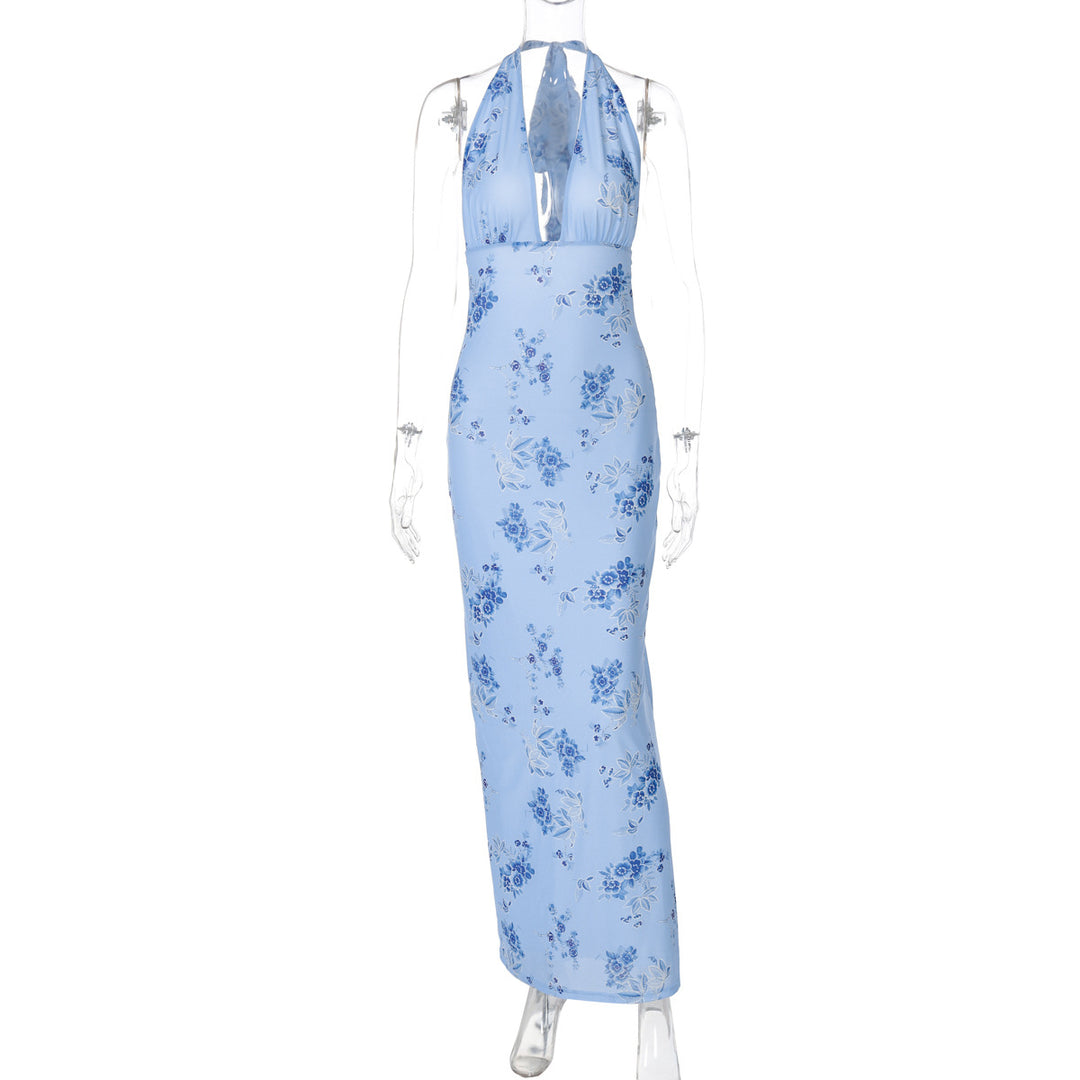 Dame maxikjole med blomstermønster og neckholder design Stilla