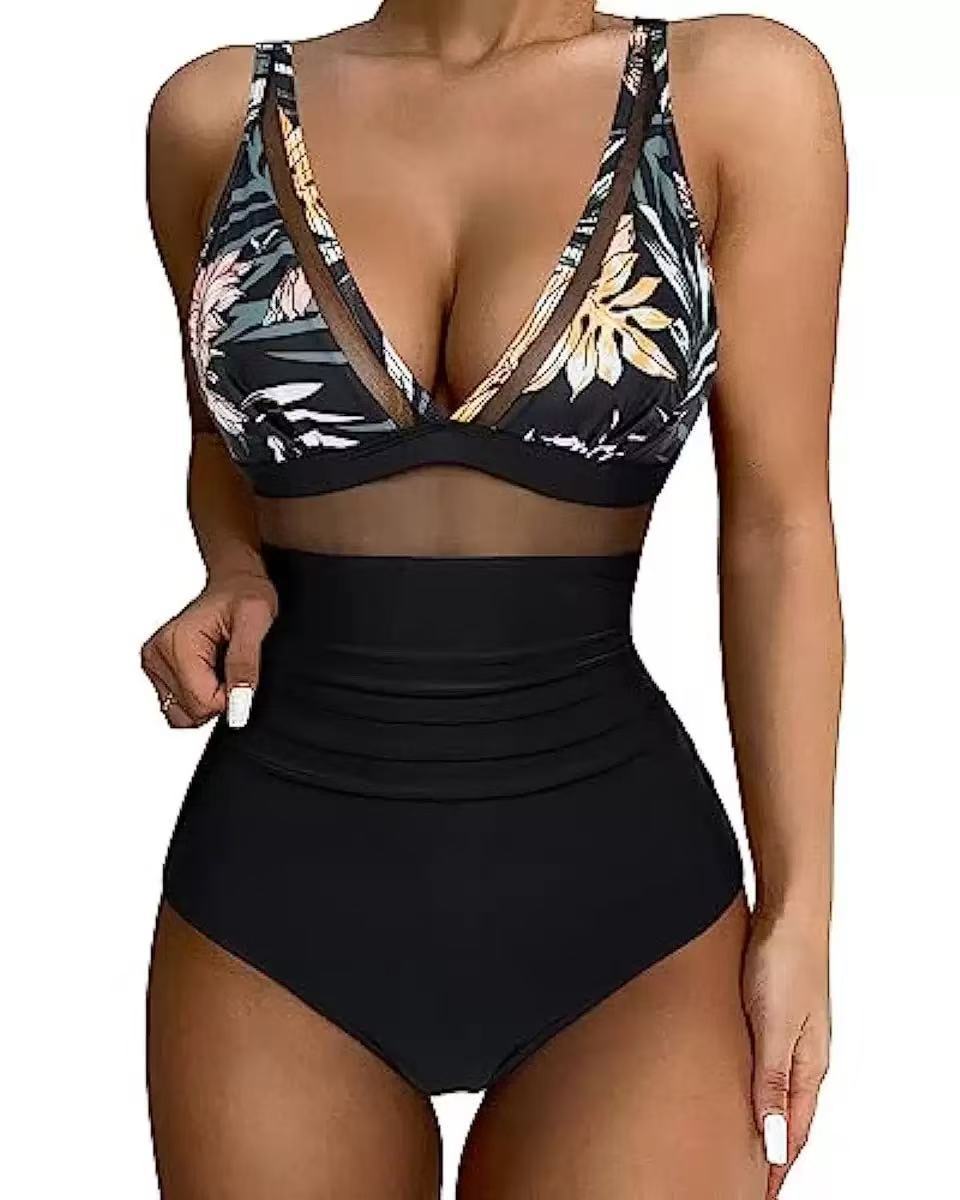 Dame højtaljede bikinier med mesh-detaljer og dyb udskæring Stilla