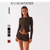 Femme Ribstrik Langærmet Knap-Up Top Stilla