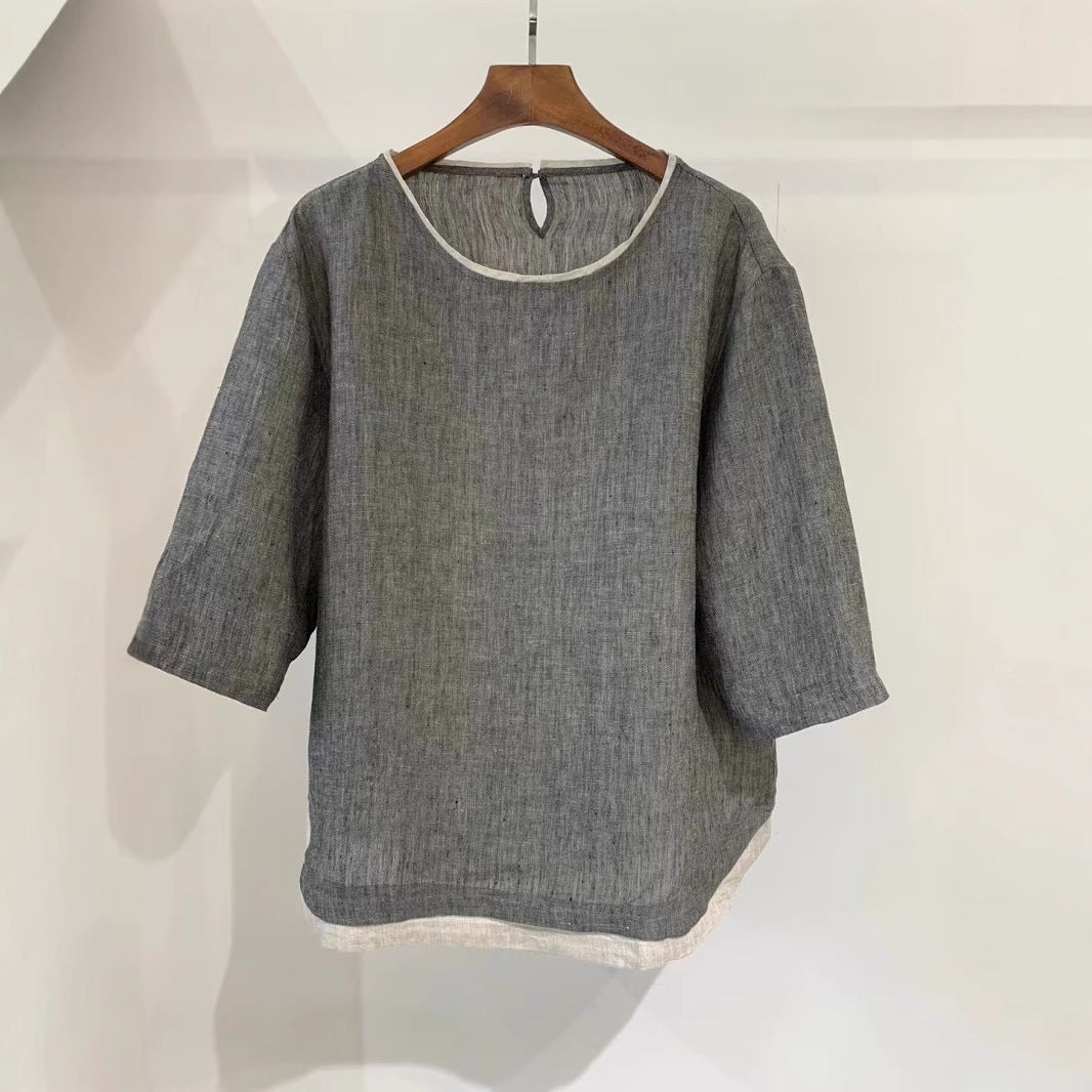 Femme Elegante Linned blouse med trekvartærmer Stilla