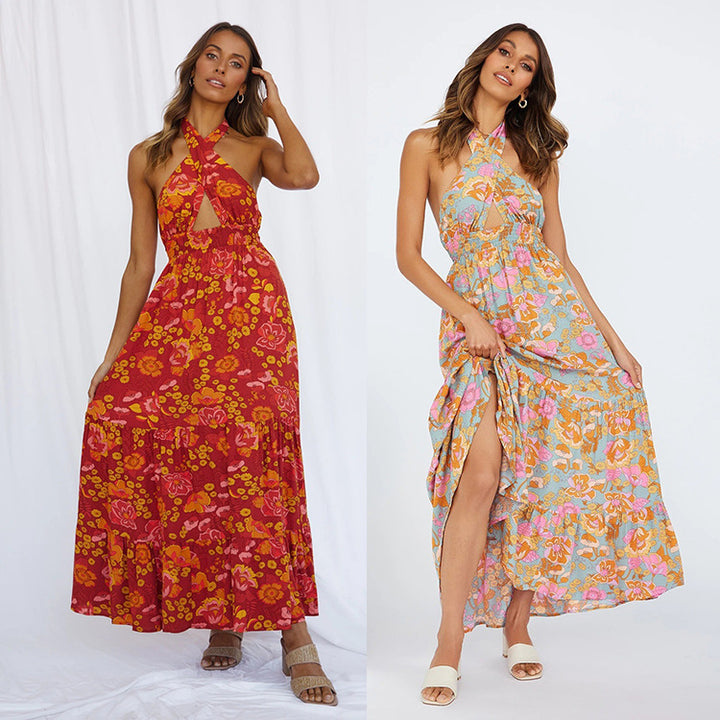Dame maxikjole med legende halterdesign og blomsterprint Stilla