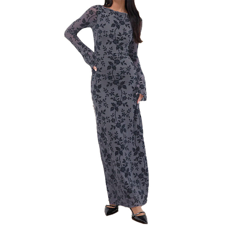 Damer elegant maxi kjole med blomsterapplikationer og transparente ærmer Skovae