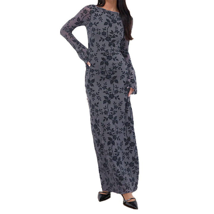 Damer elegant maxi kjole med blomsterapplikationer og transparente ærmer Skovae