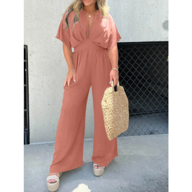 Dame elegant jumpsuit med bred ben og dyb V-udskæring Stilla