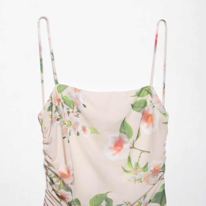 Femme Draped Floral Maxi Kjole med asymmetrisk Volangkant Stilla
