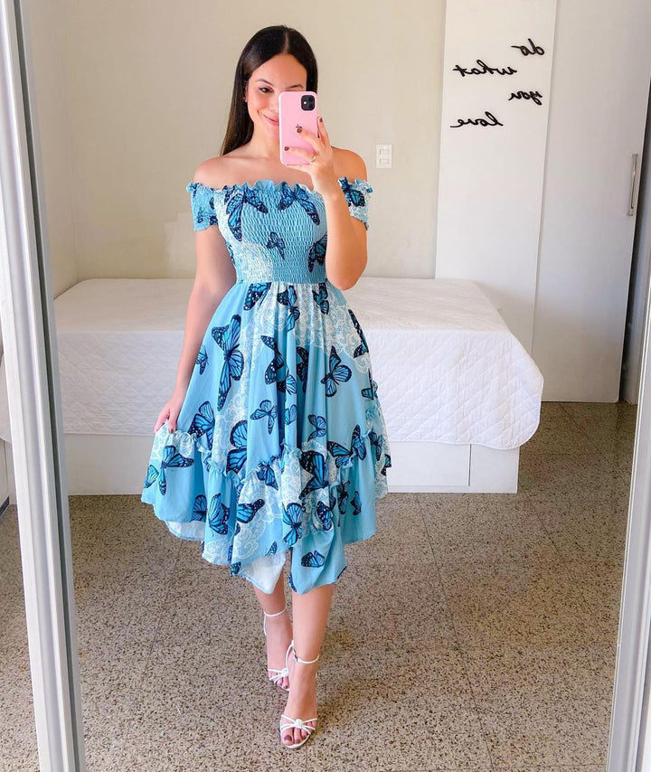 Dame Midikjole med off-shoulder skæring og blomsterdesign Stilla