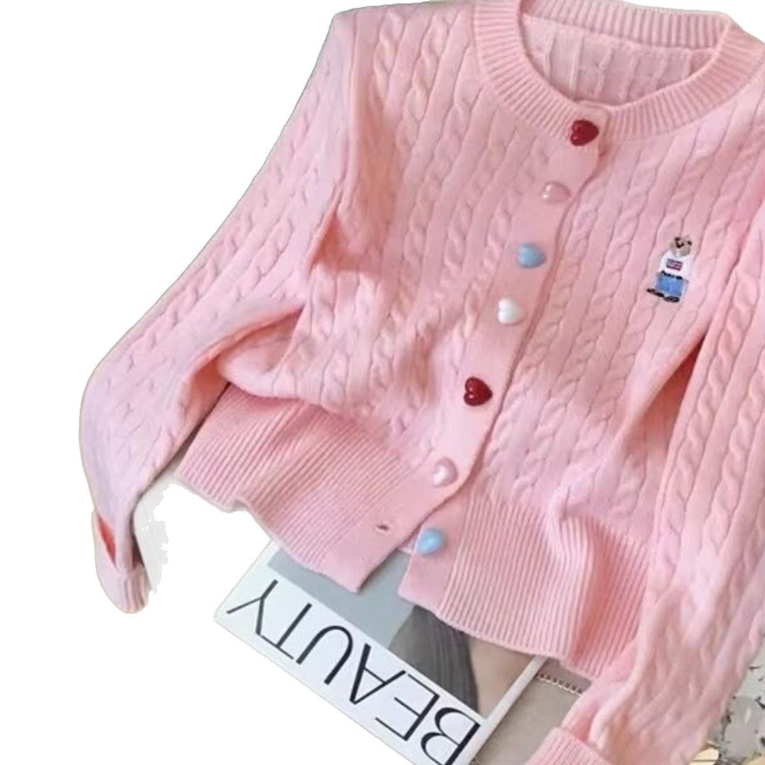 Kvinders fashionable cardigan med hjerteknapper og mønster over det hele Stilla