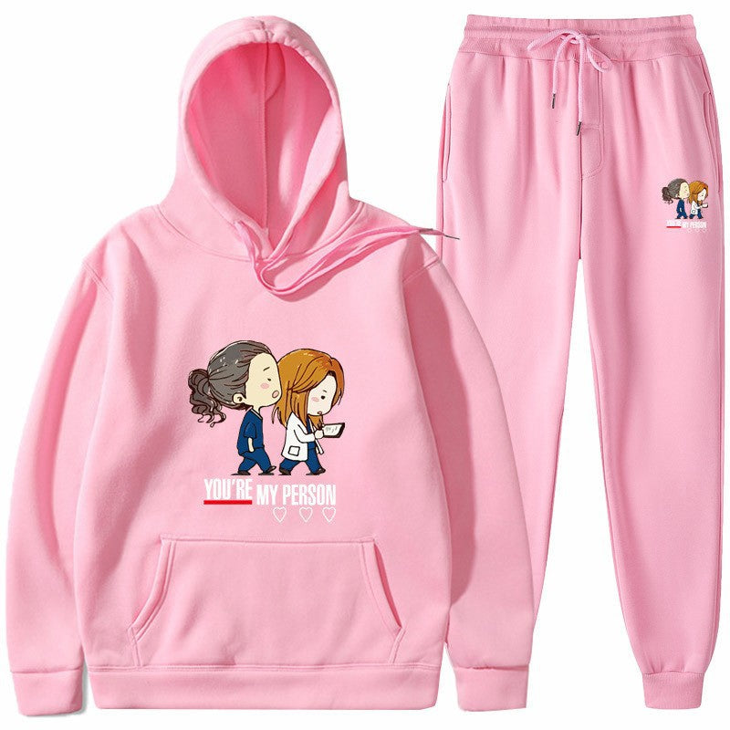 Dame Hoodie og Joggingbukser Sæt med Originalt Tegneserie Design Skovae