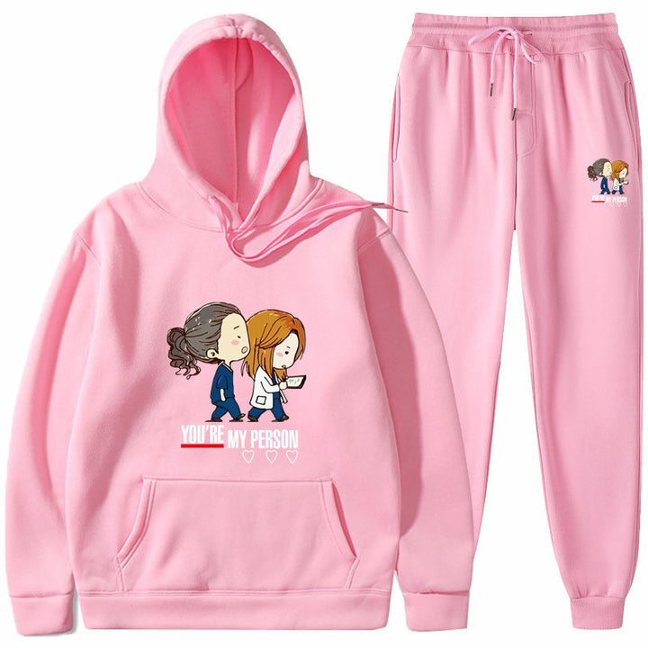 Dame Hoodie og Joggingbukser Sæt med Originalt Tegneserie Design Skovae