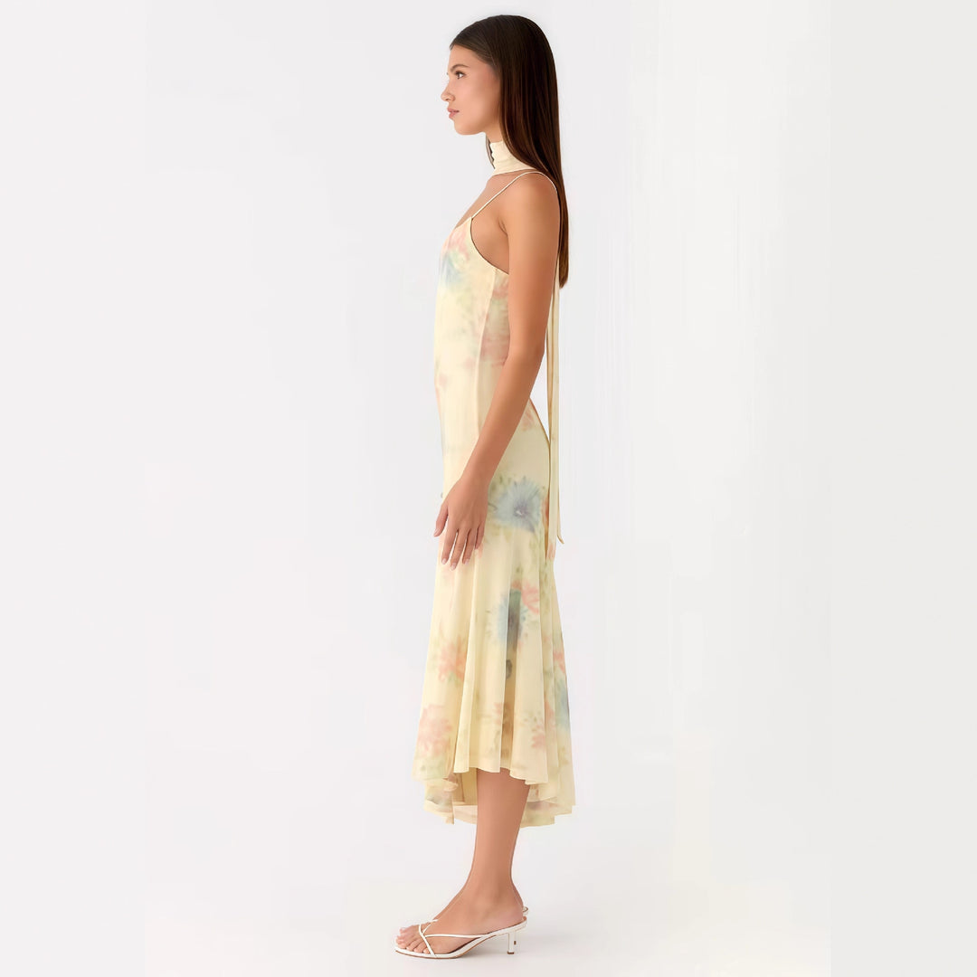 Kvinders elegante maxi kjole med blomster chiffon design og halter hals