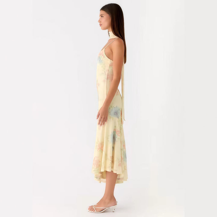 Kvinders elegante maxi kjole med blomster chiffon design og halter hals