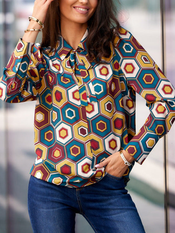 Dame Elegant Bluse med geometrisk mønster og sløjfe-detalje Stilla