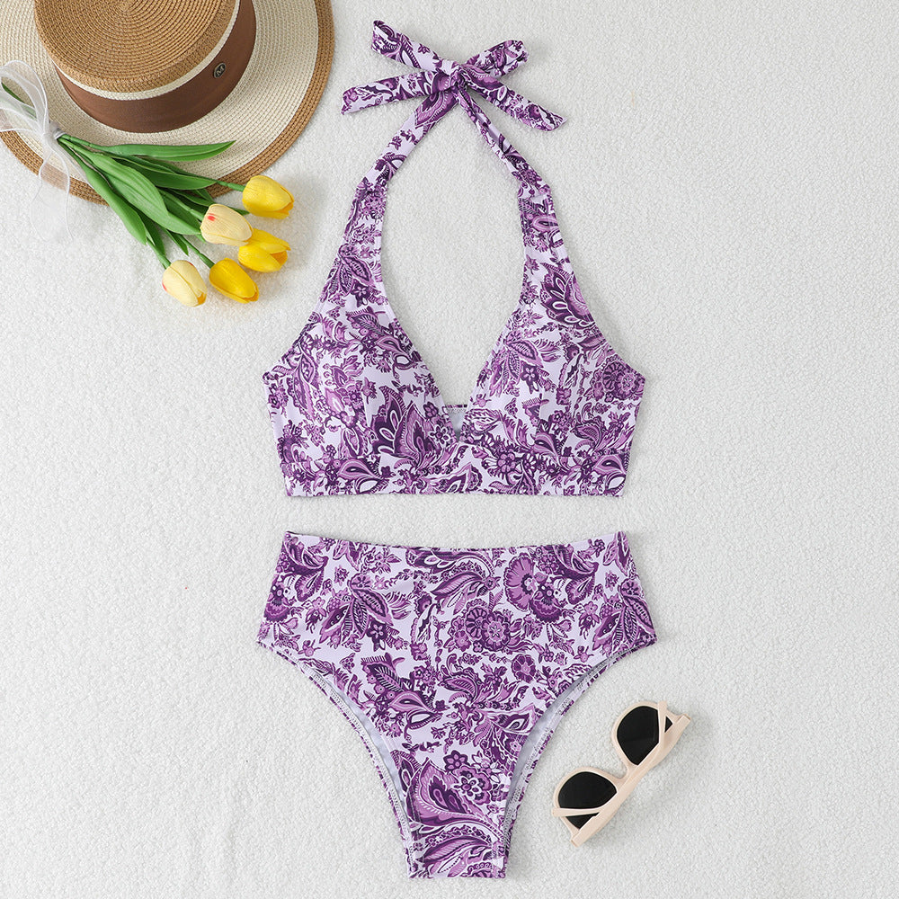 Dame Høj talje Bikini-sæt med blomsterdesign og legende halter top Skovae