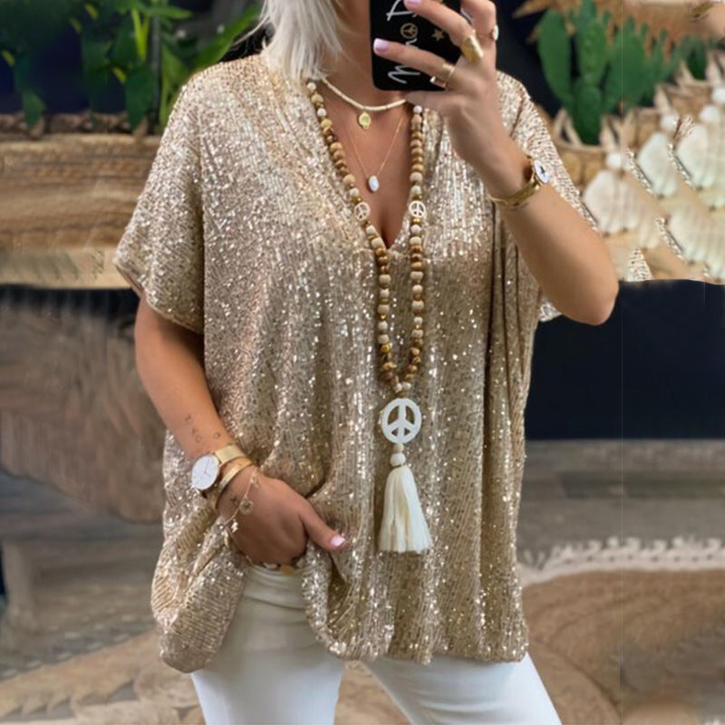 Dame Pailletter V-Udskæring Oversized Top Stilla