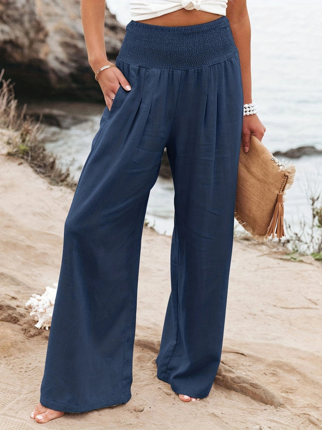 Dame bred sommerbuks med elastisk talje og elegant plissering Stilla