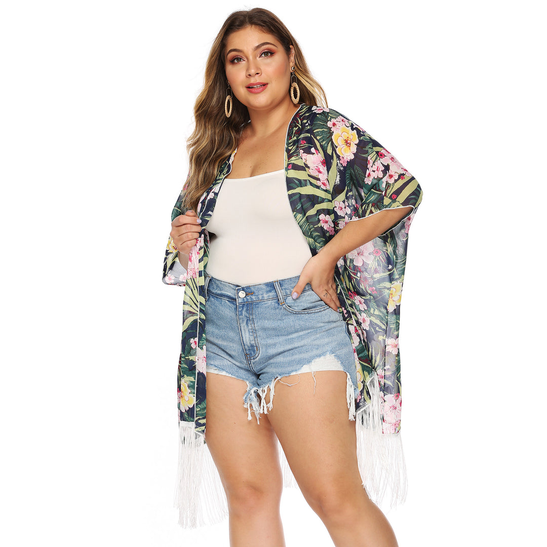 Dame luftig kimono med blomsterdesign og frynset kanter Stilla