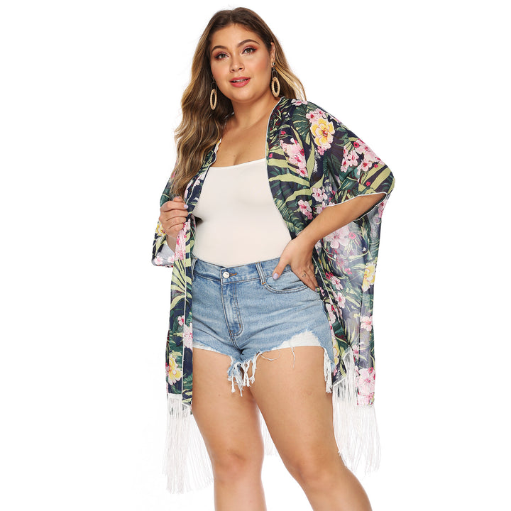 Dame luftig kimono med blomsterdesign og frynset kanter Stilla