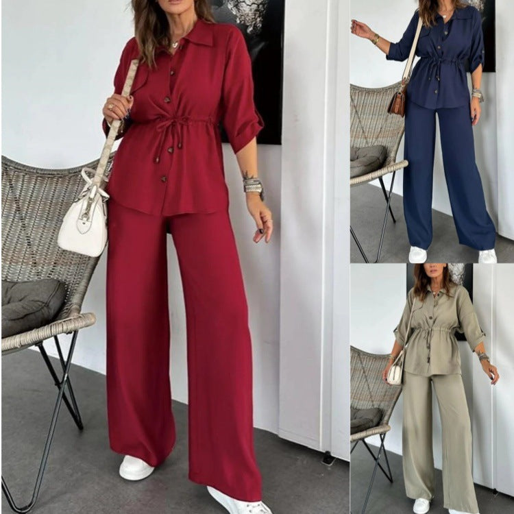 Dame stilfuld og komfortabel sæt bestående af bluse og bukser med fashionable bindebælter Stilla